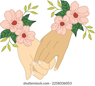 two hands and two bouquets of pink flowers