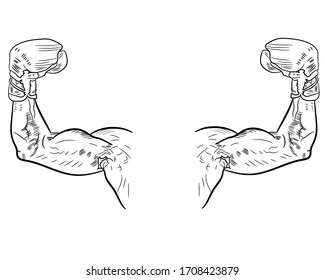Two hands of a boxer in boxing gloves bends his arm. Athlete shows biceps. Vector illustration.