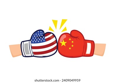 Two hands Boxing gloves flags of the United States and China on a white background. Concept of war between US and China. trade war illustration