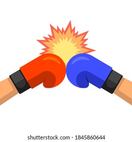 Dos manos en guantes de boxeo.Rojo versus azul.Confrontación.Emblema de lucha.Ilustración vectorial en un estilo plano.