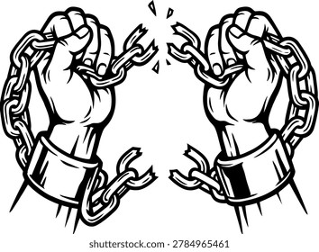 Two hands breaking metal chains, representing the concept of freedom and overcoming obstacles.
