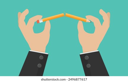 Two hands breaking an orange pencil. Businessman releasing tension by breaking a pencil. Vector illustration