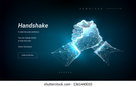 Two hands. Brotherly handshake. Abstract illustration isolated on dark background. Low poly wireframe. Plexus lines and points in silhouette. Hi-tech 3d illustration