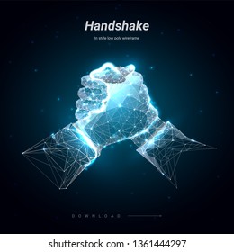 Two hands. Brotherly handshake. Abstract illustration isolated on blue background. Low poly wireframe. Plexus lines and points in silhouette. Hi-tech 3d illustration