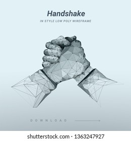 Two hands. Brotherly handshake. Abstract illustration isolated on blue background. Low poly wireframe. Gesture hands. Plexus lines and points in silhouette. Hi-tech 3d 