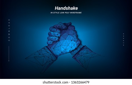 Two hands. Brotherly handshake. Abstract illustration isolated on dark background. Low poly wireframe. Plexus lines and points in silhouette. Hi-tech 3d illustration 