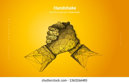 Two hands. Brotherly handshake. Abstract illustration isolated on orange background. Low poly wireframe. Gesture hands. Business symbol.  Plexus lines and points in silhouette. Hi-tech 3d illustration