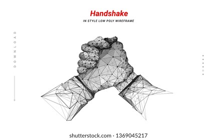 Two hands. Brotherly handshake. Abstract illustration isolated on white background. Low poly wireframe. Gesture hands. Business symbol.  Plexus lines and points in silhouette. Hi-tech 3d illustration