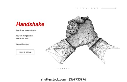 Two hands. Brotherly handshake. Abstract illustration isolated on white background. Low poly wireframe. Gesture hands. Business symbol.  Plexus lines and points in silhouette. Hi-tech 3d illustration