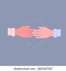 The two hands bump into each other in a welcoming gesture. Informal greeting, friendly gestures, clapping sound. Palm hits palm. Vector flat cartoon illustration, eps 10.