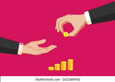 Two hands in business suits. One hand asks for money with a gesture, the second hand holds out money, gives a gold coin. Against the background of a stack of gold coins of different countries.