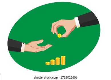 Two hands in business suits. One hand asks for money with a gesture, the second hand holds out money, gives a gold coin. Against the background of a stack of gold coins of different countries. Vector