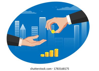 Two hands in business suits. One hand asks for money with a gesture, the second hand holds out money, gives a gold coin. Against the background of a stack of gold coins of different countries. Vector