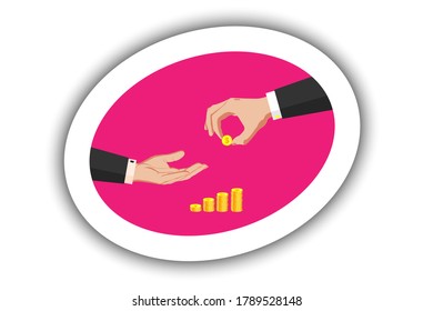 Dos manos en trajes de negocios. Una mano pide dinero con un gesto, la segunda mano sostiene el dinero, da una moneda de oro. Con contorno blanco, sombra. Ai, EPS, JPEG aislados por vectores de alta calidad