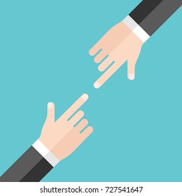 Two hands of businessmen blaming and pointing at each other on turquoise blue background. Argument, conflict and responsibility concept. Flat design. Vector illustration, no transparency, no gradients