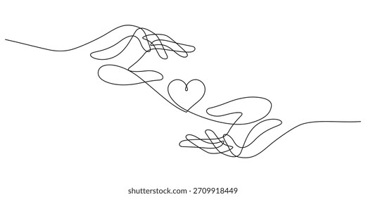 Dos manos cuidan y protegen el corazón Una línea que dibuja el concepto de amor romántico continuo Ilustración vectorial Minimalismo
