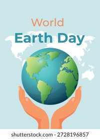 Dos manos sostienen con cuidado un planeta Tierra verde-azul brillante. La inscripción Día Mundial de la Tierra. Vector. Plantilla de alta calidad para sus diseños.