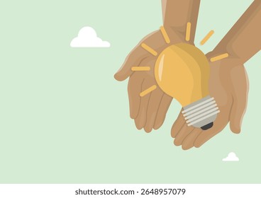 Duas mãos segurando cuidadosamente a lâmpada incandescente simbolizando ideias criativas, inovação, colaboração, inspiração compartilhada no trabalho em equipe e energia renovável. Conceito de economia de energia. Ilustração vetorial