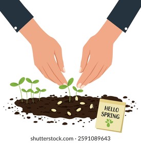 Two hands carefully place seeds into dark soil with small green sprouts, conveying a sense of nurturing and growth in springtime.