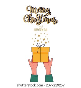 Dos manos cargando una caja de regalo. Manos con una sorpresa sobre fondo blanco. Celebración de Navidad y Año Nuevo. Texto que dice Feliz Navidad y Feliz Año Nuevo. Dibujo vectorial plano de dibujos animados