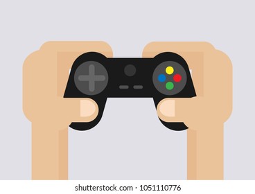 Two hands catching joystick controller playing video game. flat illustration.