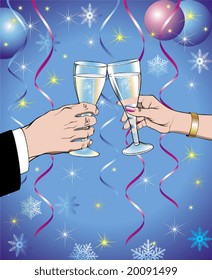 Two hands with champagne glasses on a New Year decoration background