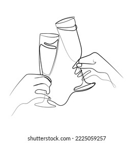 Two Hands cheering with glasses of champagne Continuous line drawing vector illustration.Two glasses of champagne in hands.Minimalist one line drawing style.design element for Celebration design