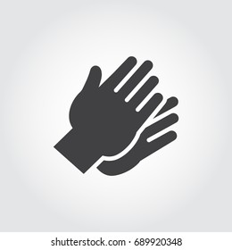 Two hands clapping in flat style. Graphic black icon - symbol of applause, praise, greeting. Gesturing human wrist logo on a gray background. Vector illustration