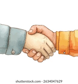 Two hands clasped in a handshake, depicted in a watercolor style. The hands are light beige, and the hands are wearing light blue and orange jackets.
