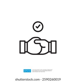 two hands clasped together with a checkmark above, symbolizing agreement or confirmation. Illustration icon
