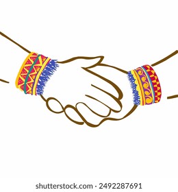 Two hands clasped together, each wearing colorful rakhi bracelets as symbols of love and friendship