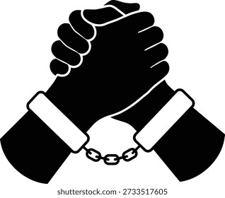 Two hands clasped together, shackled by handcuffs, symbolizing unity in struggle