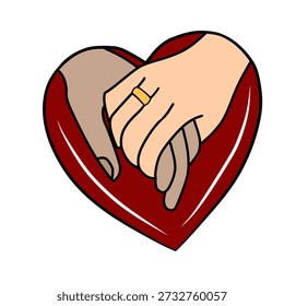 Dos manos, unidas dentro de una Ilustración vectorial de corazón rojo.