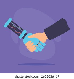 Two hands clasping in handshake, merging traditional gesture with modern technology. Unity and cooperation between entities concept