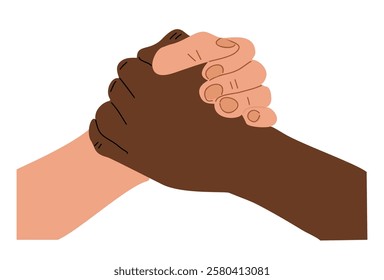Two hands clasping together, one black and one white. Concept of unity and togetherness. Colorful flat vector illustration isolated on white background