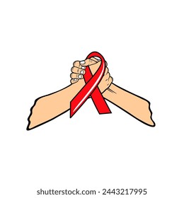 two hands clenched around each other with a red ribbon symbolizing the prevention and protection of hiv aids vector