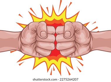 Two hands clenched in fists performing a fist bump or punching with a comic book pop art cartoon explosion in the background