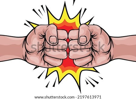 Two hands clenched in fists performing a fist bump or punching with a comic book pop art cartoon explosion in the background