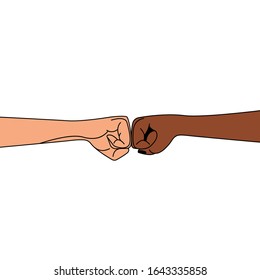 Two hands are clenched into a fist. Hands strike each other as a sign of joint success, friendship, transaction. Vector illustration, flat cartoon, eps 10. Concept: interracial equality.