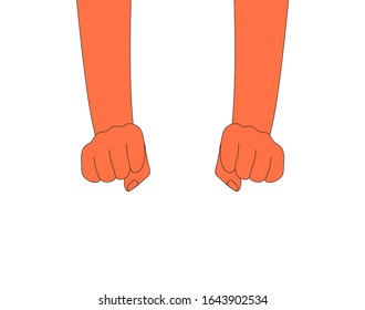 Two hands clenched into a fist, stretched out in front of them. The right and left hands are extended forward. Vector illustration, flat cartoon, eps 10. Concept: hide in hand, clench in a fist.