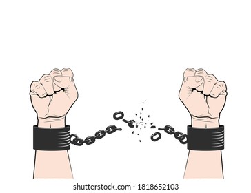 Two hands clenched into fist tearing chains or fetter. Symbol of revolution and freedom. Freedom concept. Vector