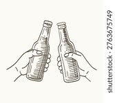 Two hands clink beer bottles in monochrome line art. Bottles have caps and textured surfaces. Hands hold firmly, suggesting a toast. Background is plain beige, emphasizing the gesture