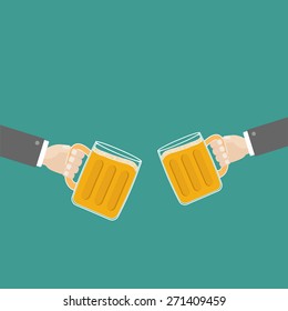 Two hands and clink beer glasses mug with foam cap froth bubble. Flat design Vector illustration
