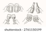 Two hands clink beer mugs, foam rising high. Other hands lift bottles, ready to toast. Glassware glints as wine glasses meet. Cupped hands hold drinks with ice cubes