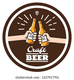 Two hands clink bottles with beer. Beer background concept for banners, posters, flyers and promotional material. Friends having fun at the party. Vector illustration.