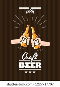Two hands clink bottles with beer. Beer background concept for banners, posters, flyers and promotional material. Friends having fun at the party. Vector illustration.