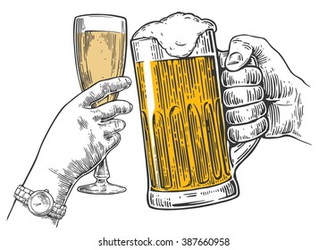 Two hands clink a glass of beer and champagne. Vintage vector engraving illustration for web, poster, invitation to party. Isolated on white background.