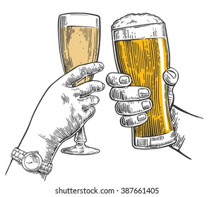 Two hands clink a glass of beer and champagne. Vintage vector engraving illustration for web, poster, invitation to party. Isolated on white background.