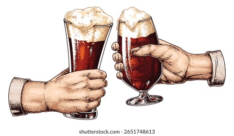 Two hands clink glasses filled with frothy craft beer showcasing a celebratory moment. The rich amber liquid sparkles under bright light highlighting a joyful occasion.