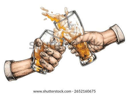 Two hands clink glasses filled with frothy beer in a lively toast. The setting conveys a festive atmosphere where friends celebrate together enjoying good company and drinks.
